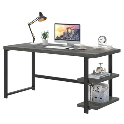 EXCEFUR Industrial Computer Desk, Home Office Desk with Storage Shelves, Wood Study Writing Table for Bedroom, Living Room, Grey, 53 Inch - color: Grey