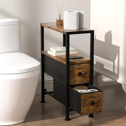 Small Narrow Side Table with Drawers, Skinny End Table for Small Spaces, Slim Nightstand with Storage, sofa bedside Table in Living Room, Bedroom, Study, kitchen and Balcony (Rustic Brown)M-LBZ83B1V1 - color: Rustic Brown&black