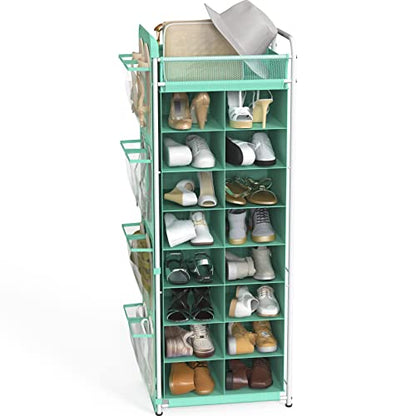 Simple Houseware 16 Cube Shoe Stand Tower Rack 8 Tier, Turquoise | Top Shelf and Side Hanging Pockets - color: Turquoise