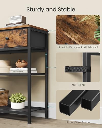 SONGMICS Console Table, Narrow Sofa Table with 2 Mesh Shelves | For Entryway, Living Room, 3 Fabric Drawers, Rustic Brown, BELLAH Collection ULGS014K101 - color: Rustic Brown, size: 11.8"D x 44.8"W x 31"H (3 Drawers)