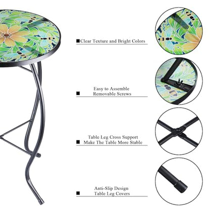 VCUTEKA Outdoor Side Table Mosaic End Patio Side Table Small End Tables Glass Top Round Balcony Coffee Tables Porch Indoor Glass Top Bee 14'' - color: Bee