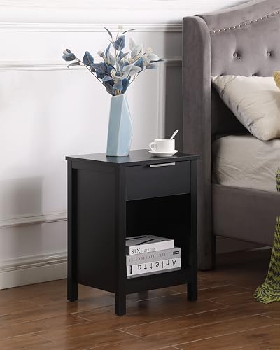 Nightstand with Drawer,Wooden End Table with Drawer and Opening Shelf,Side Table for Bedroom,Black - color: Black, style: 1 Drawers