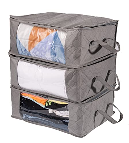 Amazon Basics Foldable Large Clothes Storage Bags with Clear Window & Carrying Handles, Closet Organizers, Zipper, 3-Pack, Gray