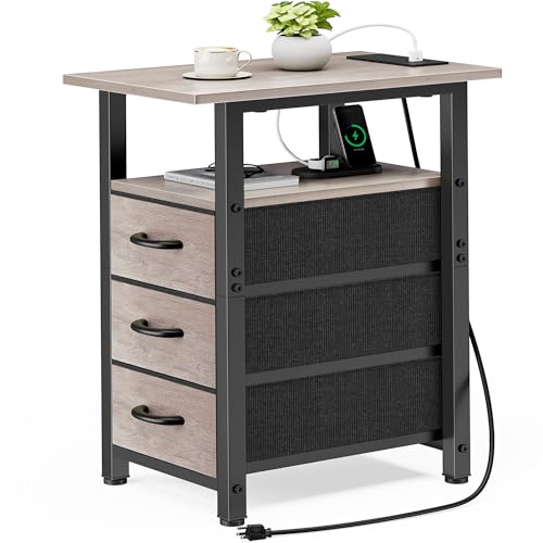 Vagusicc Night Stand with Charging Station, Narrow Nightstand with U-S-B Ports and Outlets, End Table with 3 Fabric Storage Drawers, Small Bedside Table, Greige - color: Greige, size: 1, style: With Power