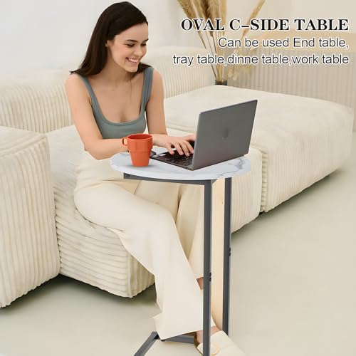 C Shaped End Side Table, Small Oval Couch Sofa Table for Bed, Snack Side Table with Metal Frame, TV Tray Table with White Marble for Small Space, Living Room, Bedroom, Bedside, Black - color: White Marble+black