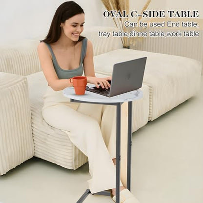 C Shaped End Side Table, Small Oval Couch Sofa Table for Bed, Snack Side Table with Metal Frame, TV Tray Table with White Marble for Small Space, Living Room, Bedroom, Bedside, Black - color: White Marble+black