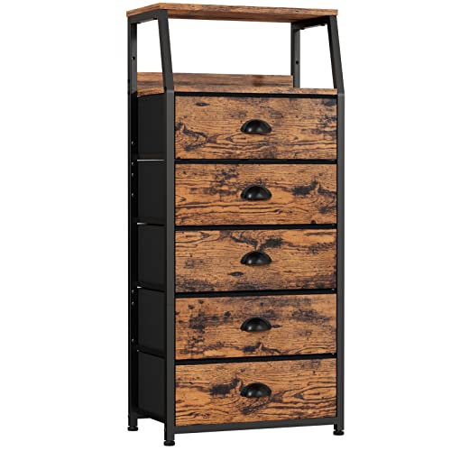 Furnulem Dresser for Bedroom, 5 Drawers Tall Nightstand, Chest of Drawers | Rustic Brown Dresser for Closet, Bedside Table with Fabric Drawer, Metal Frame, Wood Top, Easy Assembly for Dorm, Living Room - color: Rustic Brown, style: 5 Drawers