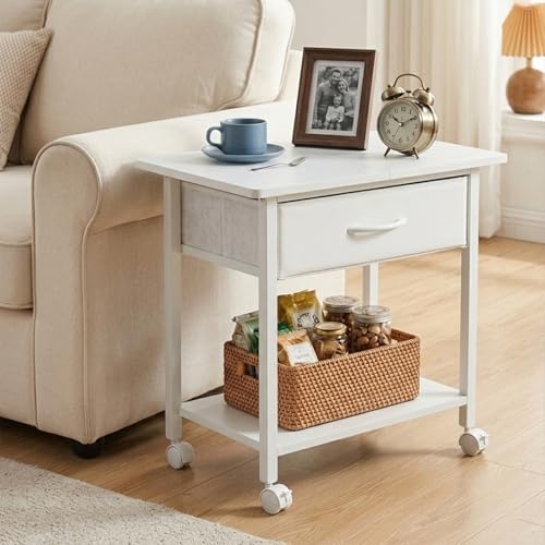22" x 15" Under Desk Rolling Printer Stand, 2-Tier Industrial Mobile Printer Table with Strong Fabric Drawer, Storage Shelf, Steel Frame and Lockable Wheels, Printer Cart for Home Office (White) - color: White
