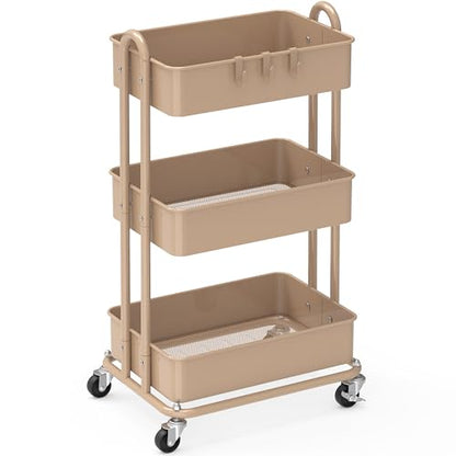 Simple Houseware 3-Tier Heavy Duty Metal Utility Rolling Cart, Khaki - color: Khaki