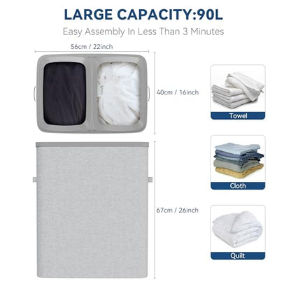 Dual Section 90 liter/23.8 gallon Laundry Hamper Separation Basket with lid, 2 Removable Washing Bags with Handles,Large Laundry Sorter for Easy Clothes Separation - Gray - size: 2 Section,Gray