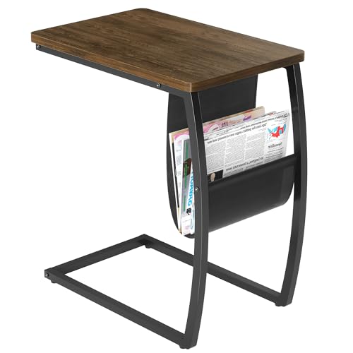 SRIWATANA Side Table End Table, Vintage C Shaped Couch Table with Side Pocket for Sofa Laptop Coffee Snack, Walnut - color: Walnut