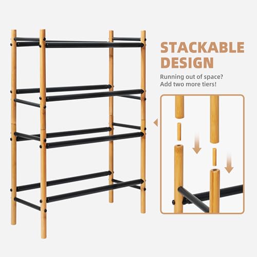 Storage MANIAC Expandable Shoe Rack, 16 Pairs Stackable Small Shoe Rack, Metal Adjustable Shoes Organizer for Closet, Entryway, Hallway, Garage, Front Door, Shoes Shelves, Bamboo 4 Tier - size: 4 Tier