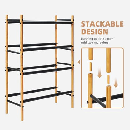 Storage MANIAC Expandable Shoe Rack, 16 Pairs Stackable Small Shoe Rack, Metal Adjustable Shoes Organizer for Closet, Entryway, Hallway, Garage, Front Door, Shoes Shelves, Bamboo 4 Tier - size: 4 Tier