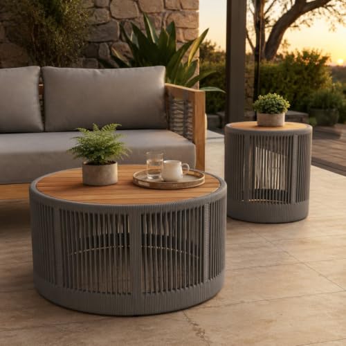 IRONORA 2 Piece Nesting Patio Table Set, Solid Acacia Wood Top Grey Hand-Woven Rope Round Coffee & Side Table, Weather Resistant Hollow Drum Accent Tables for Backyard Balcony Coastal Boho Decor - color: 2pack-grey