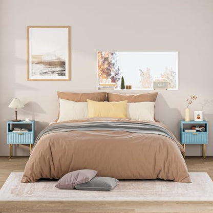 Night Stand,Modern Bedside Table with Drawer and Shelf,Blue Night Stand with Gold Frame,Small Side Table for Bedroom,Living Room - color: Blue