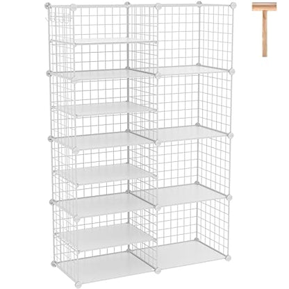 C&AHOME Wire Cube Storage Unit, Interlocking Metal Wire Organizer with Divider Design, Modular Cabinet with Plastic Panels, Bookshelf Stackable Closet Organizer with Small Hooks, White UWCSIM08W - color: White