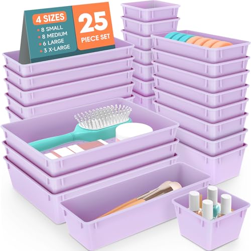 WOWBOX 25 PCS Plastic Drawer Organizer Set, 4 Sizes Desk Drawer Divider Organizers and Storage Bins for Makeup, Jewelry, Gadgets for Kitchen, Bedroom, Bathroom, Office, Purple - color: Purple