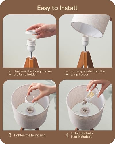 EDISHINE Tripod Table Lamp, Small Cute Bedside Lamp with Linen Beige Lampshade, Nightstand Lamp for Nursery, Bedroom, Kid Room, Living Room, Light Brown Wooden Base, E26 Socket, 14.2 Inch - color: Light Brown