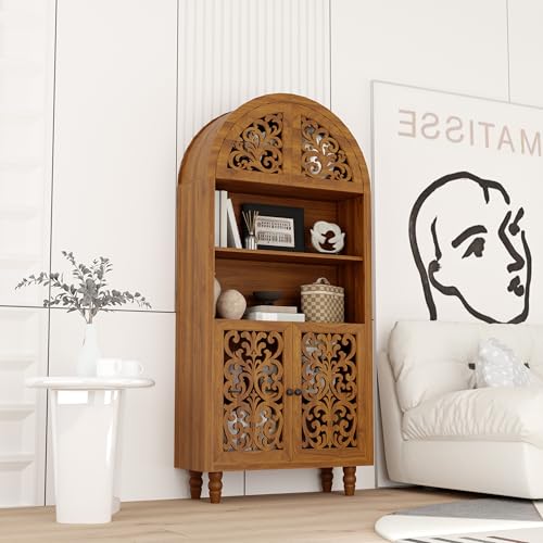 66.9" Tall Arched Display Cabinet with Hand-Carved Door and Shelves, 5-Tier Bookshelf Modern Farmhouse Arched Bookcase, Wooden Open Floor Arched Book Shelf for Living Room, Office, Walnut Finish - color: Walnut 66.9"
