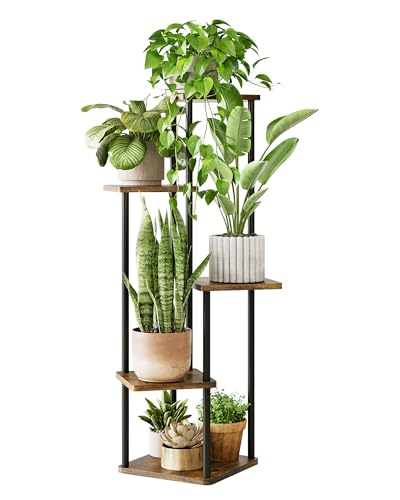 GENTINGBRO Tall Plant Stand Indoor 5 Tiered Plant Shelf for Multiple Plants Coner Shelf Stand Wood Plant Stand Metal Shelving for Living Room Bedroom Balcony Patio Brown Oak - color: Brown Oak, size: 5 Tier without Light