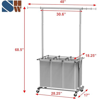 Simple Houseware 3 Bags Laundry Sorter with Extensible Clothes Hanging Rod - color: Silver