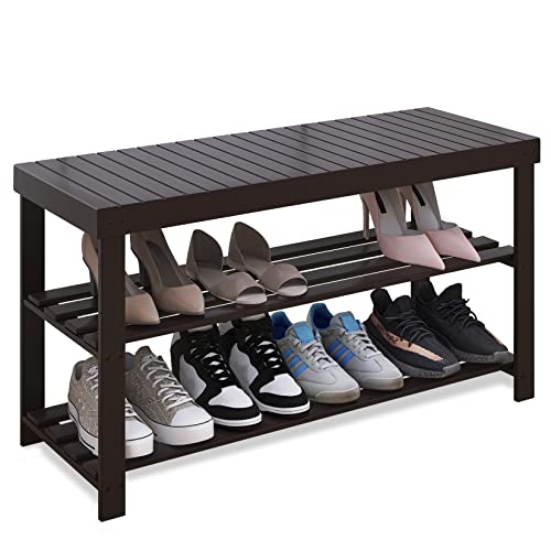 SMIBUY Sturdy Bamboo Shoe Rack Bench, 3-Tier Shoe Organizer, Storage Shelf for Entryway Hallway Bathroom Living Room (Dark Brown) - color: Dark Brown