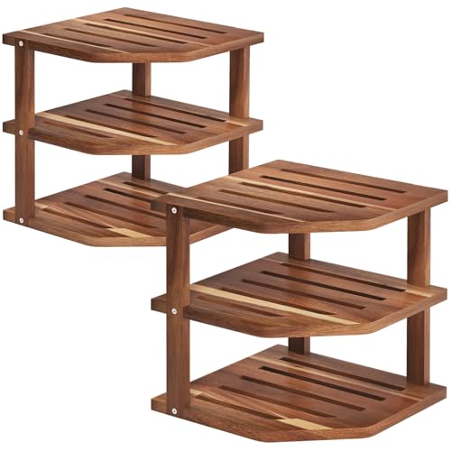 VERTORGAN 3 Tier Acacia Corner Shelf 2 Pack,Dish Drying Rack,Cabinet | Pantry Storage,Dish Rack,Spice Rack,Corner Organizer,Kitchen Counter Shelves,Kitchen Storage,Holds Plates - size: 2 PC