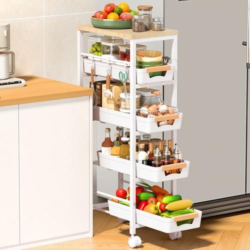 SUNALLY Slim Storage Cart with Pull-Out Baskets, 5-Tier Rolling Kitchen Cart with Wooden Top & Lockable Wheels, Narrow Space Utility Cart Organizer for Kitchen, Bathroom, Laundry Room, White - color: White