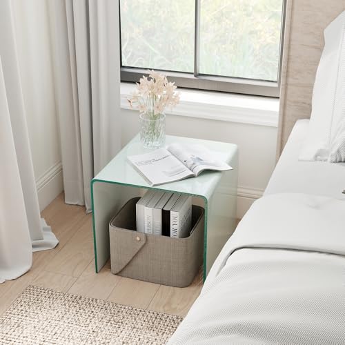 Tangkula Tempered Glass Side Table, Modern C-Shaped Bedside Table Nightstand with Storage Shelf, 4 Lockable Universal Wheels, Rolling Sofa End Table for Living Room Bedroom Office (1, White) - color: White