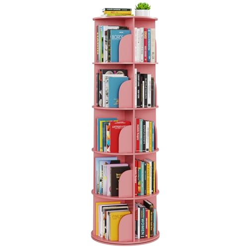 SpaceAid 5 Tier Rotating Bookshelf Tower, Spinning Bookcase Lazy Susan, Revolving 360 Book Shelf Storage Round Carousel, Vertical Rotate Turning Spiral Corner Organizer, Pink - color: Pink, size: 5 Tier, 62.2" H