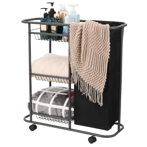 Rolling Laundry Cart with Wheels: 3-Tier Laundry Caddy Between Washer and Dryer - Heavy Duty Wrapping Paper Cart with 45L Bag for Narrow Space Laundry Room Bathroom Bedroom Black - color: Black