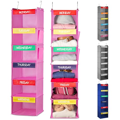 Handy Laundry Weekly Clothes Organizer for Kids, 6-Shelf Bamboo Reinforced | Days of the Week Hanging Closet Shelves, Monday Through Friday and Weekend, School Outfit Storage, Side Pockets, Pink - color: Pink, size: Weekly Planner