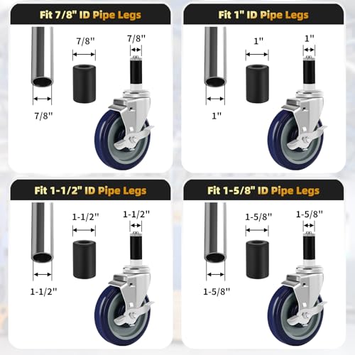 Besitu 5 Inches Prep Table Wheels Set of 4, Expanding Stem Casters Fit for 7/8", 1", 1-1/2" and 1-5/8" Tube Leg for Stainless Steel Table, Cart, Furniture Legs, Commercial Kitchen Appliances - style: 5 Inch