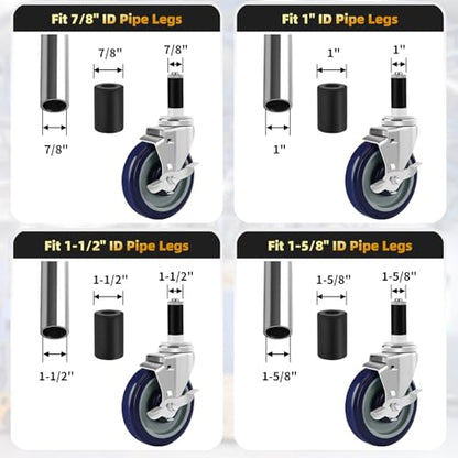 Besitu 5 Inches Prep Table Wheels Set of 4, Expanding Stem Casters Fit for 7/8", 1", 1-1/2" and 1-5/8" Tube Leg for Stainless Steel Table, Cart, Furniture Legs, Commercial Kitchen Appliances - style: 5 Inch