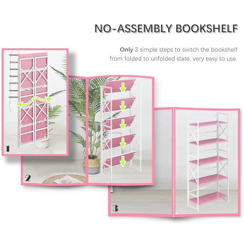 4NM 5 Tiers No Assembly Book Shelves, 51.2" H Folding Bookshelf Bookcase Open Industrial Foldable Shelves for Bedroom, Living Room, Home Office - Pink White - color: Pink White, size: XX 5-Tier