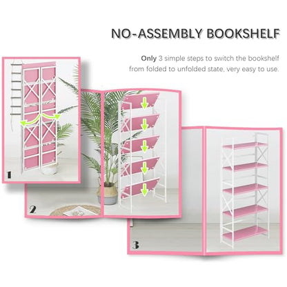 4NM 5 Tiers No Assembly Book Shelves, 51.2" H Folding Bookshelf Bookcase Open Industrial Foldable Shelves for Bedroom, Living Room, Home Office - Pink White - color: Pink White, size: XX 5-Tier