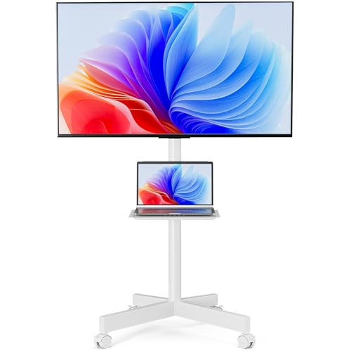 Mobile TV Stand for 23-65 Inch LCD LED Flat/Curved Panel Screen TVs, Height Adjustable Rolling TV Stand with Tilt Mount and Shelf, Portable Stand Holds up to 110 lbs, Max VESA 400x400mm, White - color: White, size: 23-65 Inch