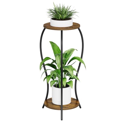 Plant Stand Indoor, 2 Tier Round Tall Plant Stand, Flower Pot Stand, Plant Shelf Rack, Corner Plant Stand for Planter Garden Balcony Patio Living Room, Retro - color: Brown-Wood