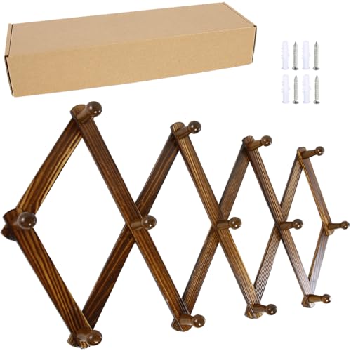 AMAPON Accordion Style Expandable Wall Wooden Coat Rack 13 Hooks (Pegs) Hang Hats Jackets Coffee Mug Purses Necklaces Towels Cap Leash Scarves Data Line Kitchenware (Walnut 2 Packs) - color: Walnut Large Size, size: 2 Pack