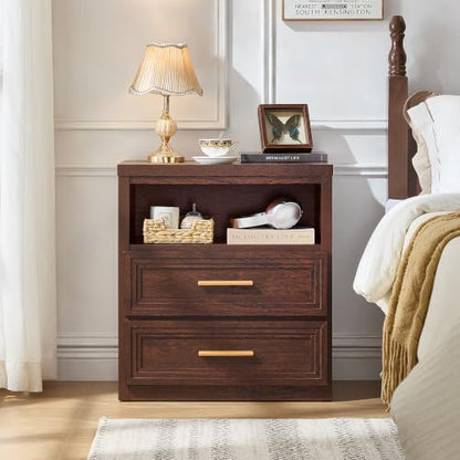 RWYHG 24'' Wide Farmhouse Night Stand with 2 Drawers,Wood Nightstand | Modern End Table Open Storage Shelf, Metal Handle, Mid-Century Bed Side Table for Bedroom, Living Room, Walnut - color: Walnut