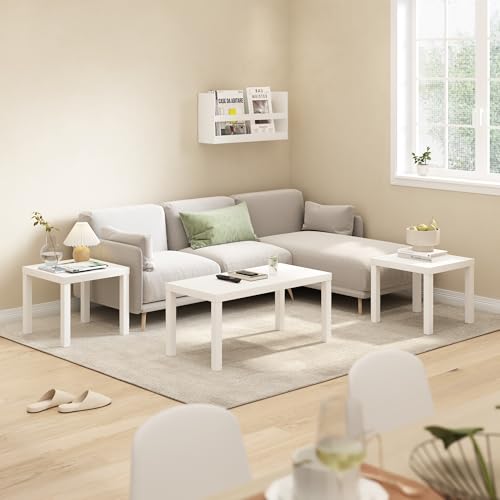 Furinno Classic Set of 3 Living Room Table, Printer Stand, White | 1.8 Inch Thick Tabletop, Modern Rectangle Coffee Table with 2 Square Side Tables, End Tables, for Living Room, Home Office - color: White, size: Set of 3