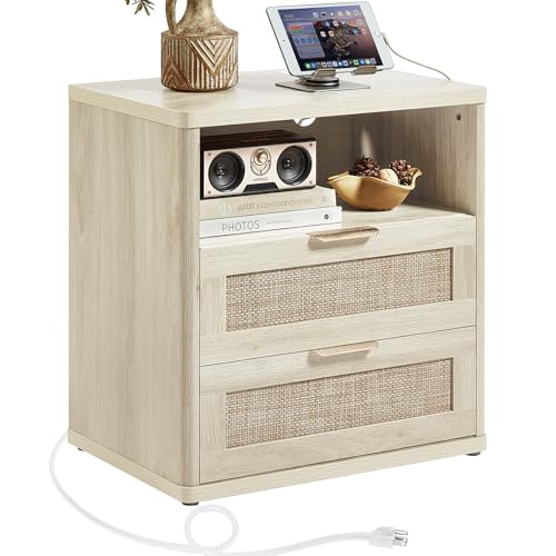 LEYAOYAO Rattan 23" Nightstands with Charger Station 2 Drawers | Gold Metal Handle, Open Shlef Storage, Boho Night Stand, Bedside Table Dresser for Bedroom, Living Room Hallway - color: Grey White, size: 15.5"D x 23"W x 24.2"H (2 Drawers)