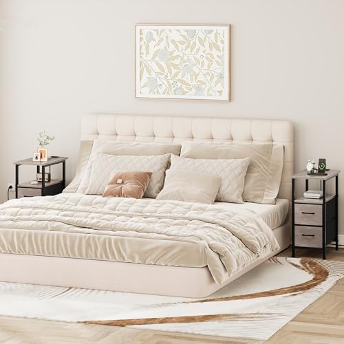 Vagusicc Set of 2 Nightstand with Charging Station and LED Lights, Narrow Side Table, LED Night Stand with 2 Fabric Drawers, Bedside Table Small End Table, Tall Nightstand for Bedroom, Rustic Grey - color: Greige, size: 2, style: With LEDs