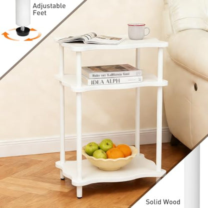 THUMEYE 3-Tier Side Table, 15.7”x11.8”x23” Space-Saving End Table with Solid Wood Legs, Tool-Free Assembly Nightstand for Bedroom Living Room, White - color: White