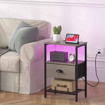 sthmec Nightstands Set of 2, LED Night Stands with Charging Station and Fabric Drawer, Bedside Tables with Drawers, 2- Tier LED Side Table End Table Charging Station Bedroom, Grey - color: Grey, style: Power & LED