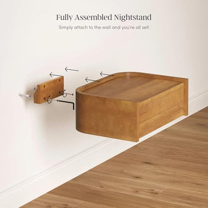 Nathan James Tyla Wall Mounted Bedside Table, Floating 1-Drawer Nightstand with Rounded Edges, Light Brown Set of 2 - color: Tyla Light Brown, size: Set of 2