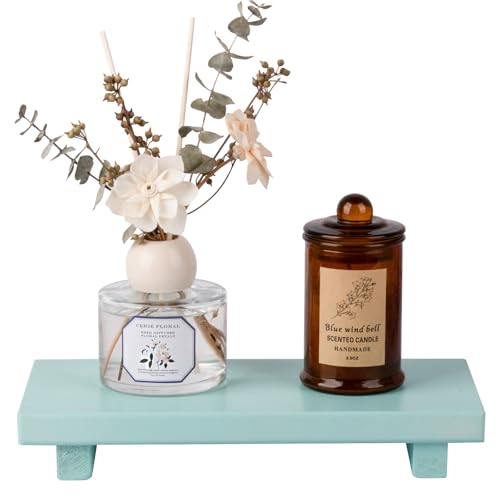 zoocatia Small Wood Tray Pedestal Stand Farmhouse Bathroom Decor Decorative Wooden Riser Kitchen Soap Dish Holder for Vanity, Counter, Sink, 10" x 4.5" - Light Blue - color: Light Blue, size: 10" x 4.5" x 1.6"