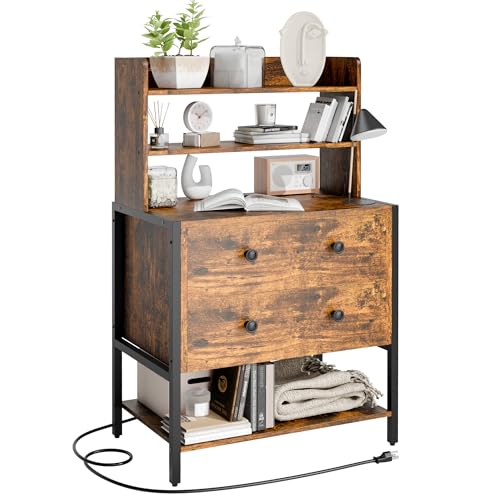 39 Inch Tall Nightstand with 2 Drawers & Charging Station, Brown | 4-tier Open Shelves, P2 Particle Board, Steel Frame, 2 AC Outlets, 2 USB Ports, Suitable for Dorm and Apartment - color: Retro Brown