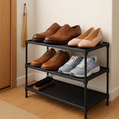 Shoe Rack Organizer with Shoe Brush and Shoe Horn, Black, 3-Tier, Metal Frame Storage Shelf for Entryway