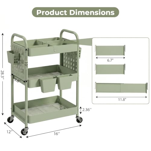 danpinera 3 Tier Rolling Cart with Retractable Dividers, Multi-Functional White Rolling Utility Cart with Pegboards, Hooks & Hanging Cups for Nursery, Living Room, Studio - color: Light Green